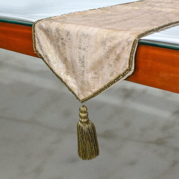 The HomeCentric Luxury Ivory Table Runner Coffee Table Runner (14 x 36 inch) Foil, Tassels, Suede fabric Table Linen, Abstract Pattern Modern Style - Shimmer Fest Ivory