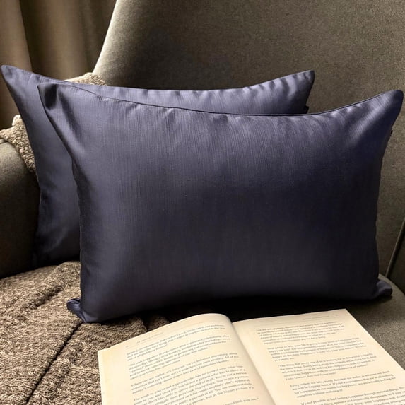 The HomeCentric Luxury Lumbar Pillow Cover Blue Pack Of 2, 20"x30" (50x75 cm) Satin Solid Oblong Pillow Cover, Modern Cushion Cover Style - Midnight Blue Slub Satin