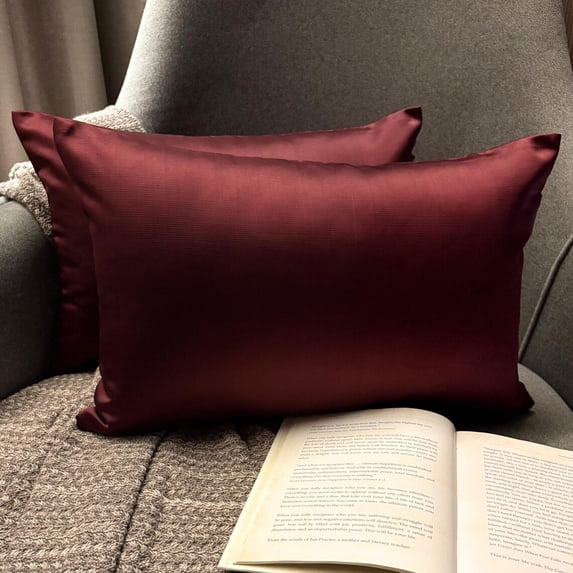 The HomeCentric Luxury Lumbar Pillow Cover Wine Pack Of 2, 14"x24" (35x60 cm) Satin Solid Oblong Pillow Cover, Solid Modern Cushion Cover Style - Wine Slub Satin