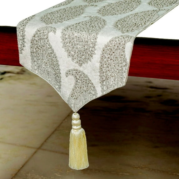 The HomeCentric Luxury Silver 6 - 8 Seater Table Runner 16 x 90 inch, Embroidery, Foil, Beaded, Tassels, Jacquard, Paisley, Table Runner for Dining, Outdoor, Kitchen, Contemporary - Paisley Sparkle