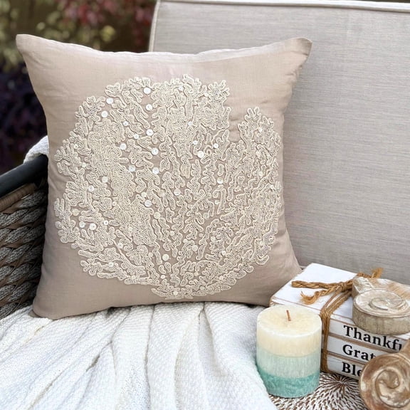 The HomeCentric Mocha Throw Pillow Cover, Beaded Sea Creatures Weeds Sea Creatures Ocean Beach Pillow Cover, Pack of 2, 20x20 inch (50x50 cm Floral Mediterranean Cushion Cover, Linen - Pearl Weeds