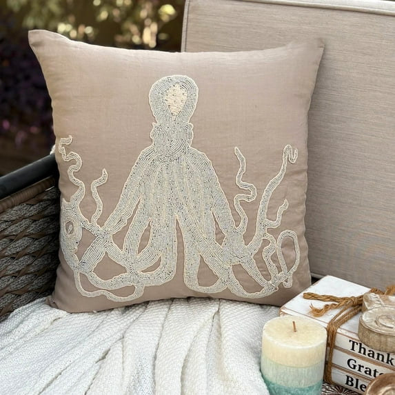 The HomeCentric Mocha Throw Pillows Cover Couch, Beaded Octopus Sea Creatures Ocean & Beach Theme Pillows Cover, Pack of 2, 18x18 inch (45x45 cm) Throw Pillows Cover, Cotton Linen Floral - Sea Squid