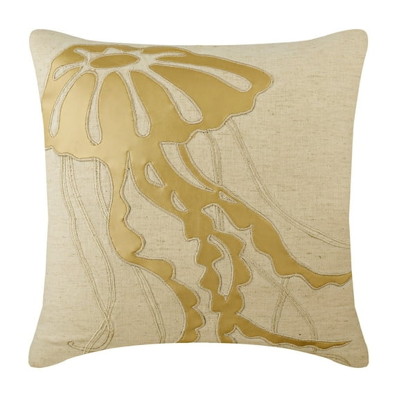 The HomeCentric Natural Beige European Pillow Covers Pack of 2, 26x26 inch (65x65 cm) Linen Euro Shams, Jelly Fish, Faux Leather, Applique, Beach Style Euro Size Pillow Easter - Gold Jellyfish