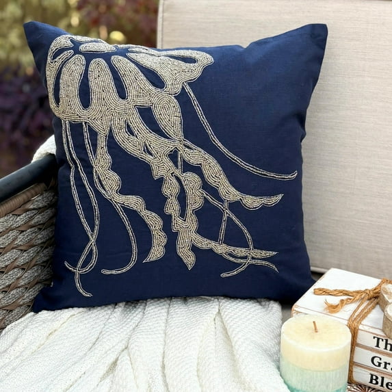 The HomeCentric Navy Blue Euro Size Pillowcases Pack of 2, 26x26 inch (65x65 cm) Linen European Sham Covers, Jelly Fish, Fish, Beaded, Beach Style European Pillow - Jelly Fish At The Shore