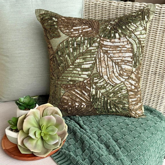 The HomeCentric Olive Green Shams Sequins Beaded Antique Botanical Pillow Shams Pack of 2 24x24 inch (60x60 cm) Pillow Shams Square Silk Pillow Sham Floral Pillow Shams Tropical - Green Camouflage