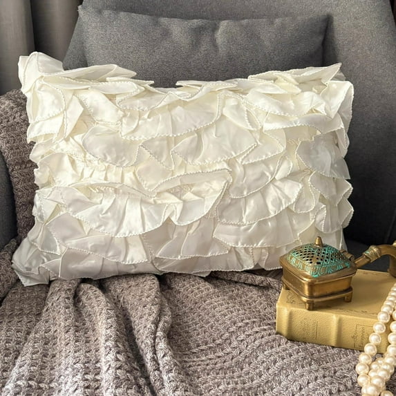 The HomeCentric Pack of 2, 12"x22" (30x55 cm) Pillow Cover Ivory Lumbar Pillow Cover, Vintage Style Ruffles Shabby Chic Lumbar Pillow Cover, Satin Rectangle Pillow Cases, Solid - Vintage Glam Ruffles