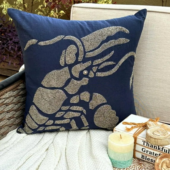 The HomeCentric Pack of 2 18x18 inch (45x45 cm) Pillow Cover Navy Blue Beaded Lobster Sea Creatures Ocean Beach Theme Pillow Cover Cotton Linen Throw Pillow Cover Floral - Lobster At The Shore