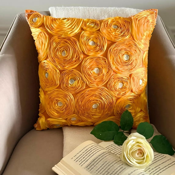 The HomeCentric Pack of 2, 20x20 inch (50x50 cm) Pillow Cover Orange, Orange Pillow Cover, Ribbon Marigold Flower Floral Theme Pillow Cover, Floral Decorative Pillow Halloween Decorations - Marigold