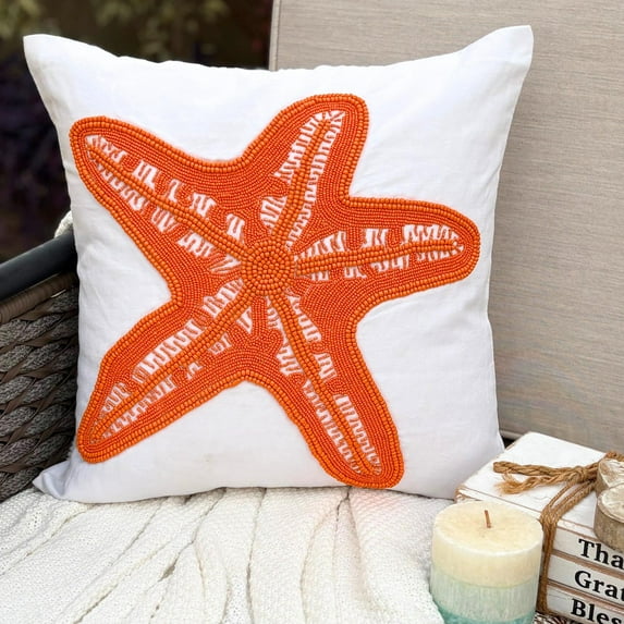 The HomeCentric Pack of 2 22x22 inch Throw Pillow Cover White Accent Pillow Beaded Orange Starfish Nautical Ocean Beach Theme Pillow Cover Linen Floral Mediterranean Sea - Starfish Makeover