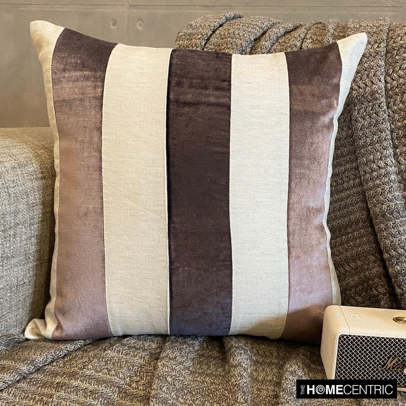 The HomeCentric Pillow Case Covers, Aubergine Pack of 2, 24x24 inch (60x60 cm) Throw Pillows, Velvet Patchwork Throw Pillows For Couch, Striped Pattern Modern Style Easter - Velvet Band Aubergine