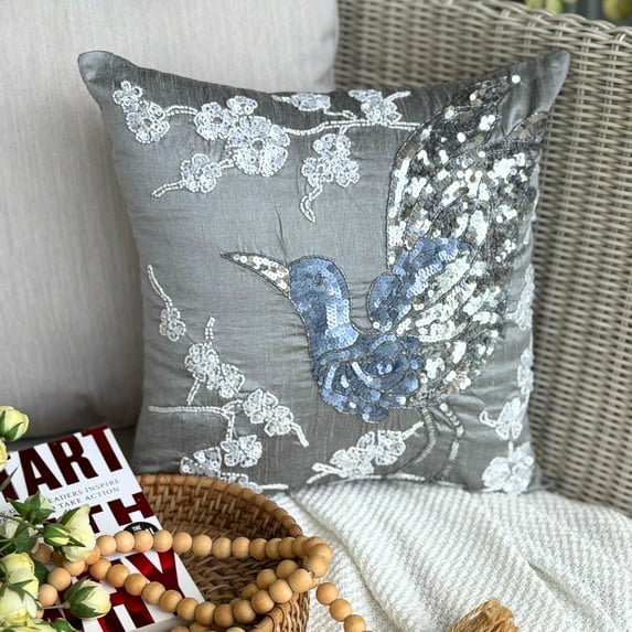The HomeCentric Pillow Case Covers, Grey Pillow Shams, Sequins & Beaded Birds Design Pillow Shams, Pack of 2, 24x24 inch (60x60 cm) Pillow Sham, Square Silk Pillow Sham, Pillow Shams - Silver Birdy