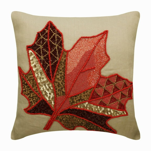 The HomeCentric Pillow Case Custom, Red & Beige Pack of 2, 24x24 inch (60x60 cm) Throw Pillow Covers, Linen Beaded & Maple Leaf Throw Pillows For Couch, Nature & Floral Style - Changing Maple