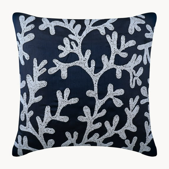 The HomeCentric Pillow Case Navy Blue Pillow Covers Pack of 2 24x24 inch (60x60 cm) Coral Design Sea Creatures Ocean & Beach Theme Pillow Shams Square Silk Shams Mediterranean Pillow Shams-Navy Corals