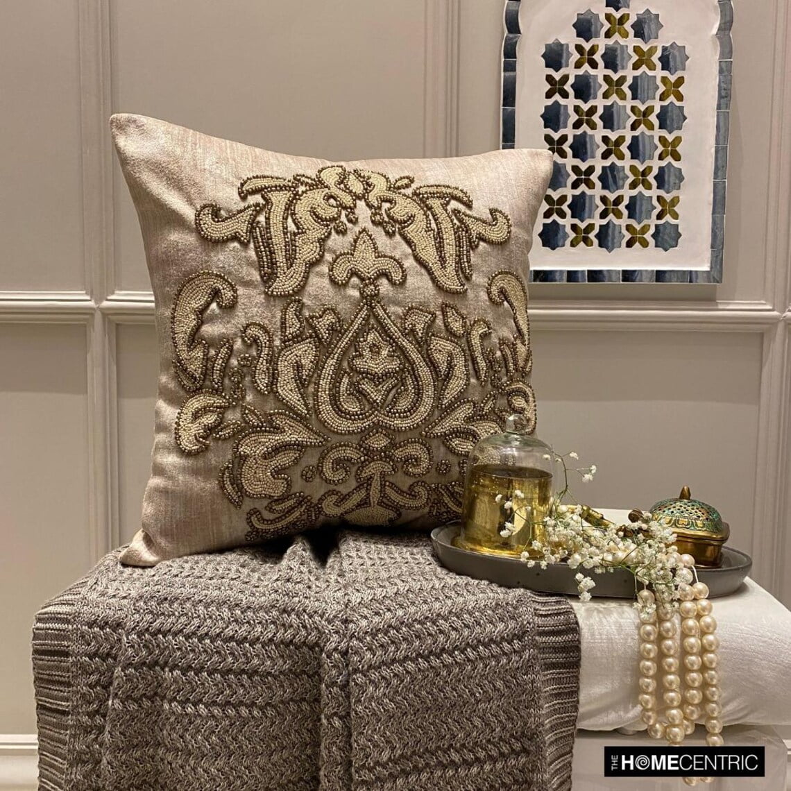 The HomeCentric Pillow Case Shams, Decorative Gold Pack of 2, 26x26 inch (65x65 cm) Throw Pillow Covers, Velvet Beaded, Damask & Foil Throw Pillows For Sofa, Abstract Victorian Style - Aureate Ivory