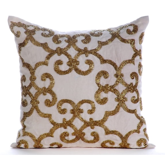 The HomeCentric Pillow Case Zip Gold Pillow Cases Beaded Damask Turkish Pillows Cover Pack of 2 14x14 inch (35x35 cm) Throw Pillow Cover Square Cotton Linen Pillows Covers Floral -Gold Encrusted