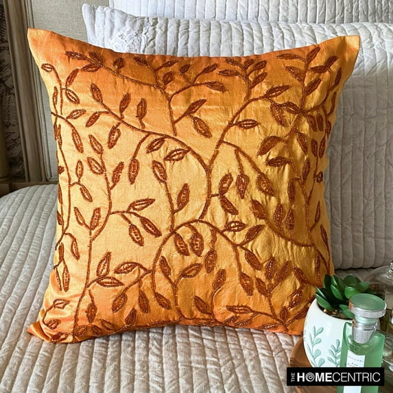 The HomeCentric Pillow Case Zip Orange Throw Pillows Cover Floral Cushion Covers Pack of 2 12x12 inch (30x30 cm) Pillow Covers Art Silk Square Pillowcases Beaded Leaf Throw Pillows Cover - Citrus