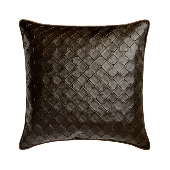The HomeCentric Pillow Case With Zipper Decorative Brown Pack of 2 14x14 inch (35x35 cm) Throw Pillow Covers Faux Leather Weave & Solid Throw Pillow For Sofa Halloween Decorations-Brown Leather Weave