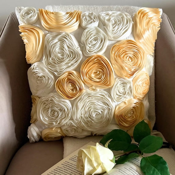 The HomeCentric Pillow Case Zipper, Ivory Shams, Ribbon Gold Rose Flower Floral Theme Pillow Shams, Pack of 2, 24x24 inch (60x60 cm) Square Silk Pillow Sham, Pillow - Gold N Ivory Blooms
