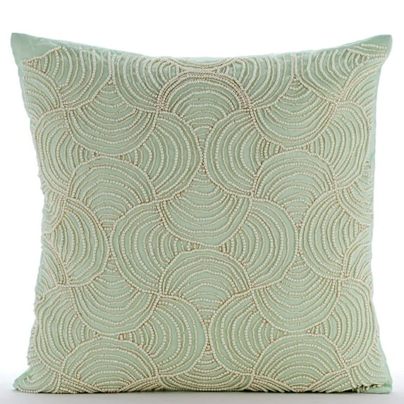 The HomeCentric Pillow Case Zipper, Pack of 2, 12x12 Inches Square Decorative Throw Pillow Cover Pastel Green Linen Pillow Cover With Pearl Embroidery Easter - Mint Dynasty