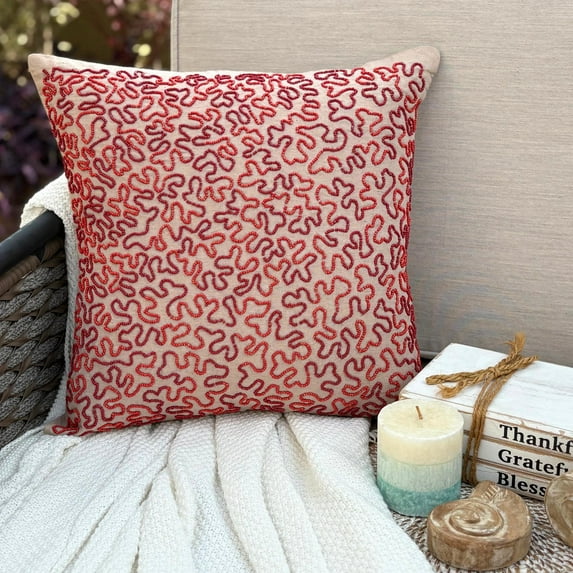 The HomeCentric Pillow Cases Mocha Pillow Cover Floral Throw Pillow Cover Pack of 2 12x12 inch (30x30 cm) Cotton Linen Square Throw Cushion Cover Read Maroon Scroll Beach Sea - Blooming Maze