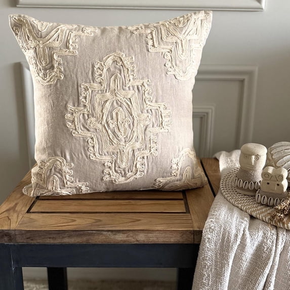 The HomeCentric Pillow Cover, Beige Pack of 2, 16"x16" (40x40 cm) Cushion Cover, Linen Moroccan & Embroidery Pillow Cover For Sofa, Tribal Pattern Contemporary Style Easter - Civilization
