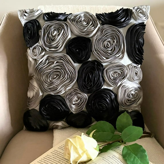 The HomeCentric Pillow Cover Black Pillow Cover Pack of 2 18x18 inch (45x45 cm) Hmade Black Throw Pillows Cover Ribbon Rose Flowers Floral Theme Pillows Cover Square Silk Pillowcase Floral-Black Rose