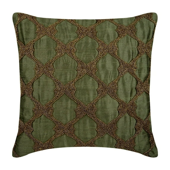 The HomeCentric Pillow Cover, Earth Green Shams, Gold Beaded Lattice Trellis Antique Pillow Shams, Pack of 2, 24x24 inch (60x60 cm) Pillow Shams, Square Silk Shams, Pillow Shams - Tarnished Gold
