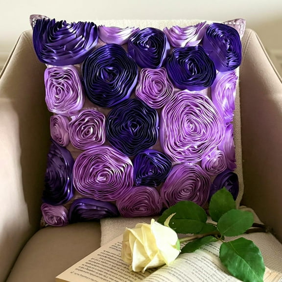 The HomeCentric Pillow Cover Purple Accent Pillows Ribbon Purple Flower Pillows Cover Pack of 2 18x18 inch (45x45 cm) Pillows Cover Square Silk Throw Pillows Cover Floral Decorative - Violet Blooms