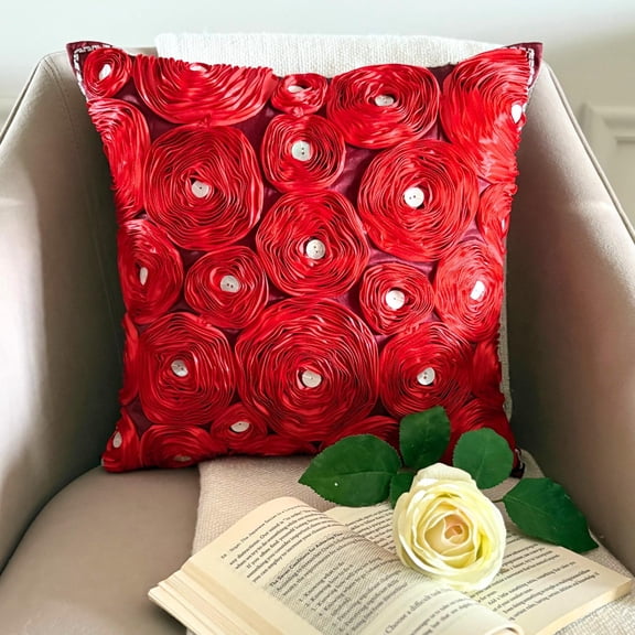 The HomeCentric Pillow Cover Red Pack of 2 20x20 inch (50x50 cm) Handmade Red Pillow Case Ribbon Red Rose Flower Floral Theme Cushion Cover Floral Decorative Pillows Cover Square Silk - Bed Of Roses