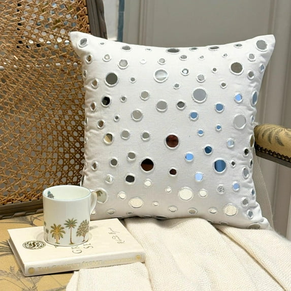 The HomeCentric Pillow Cover White Pack of 2, 20x20 inch (50x50 cm) Luxury White Pillow Cover, Mirror Polka Dots Pillow Cover, Polka Dot Cushion Cover, Square Cotton Canvas, Circles - White Mirrors