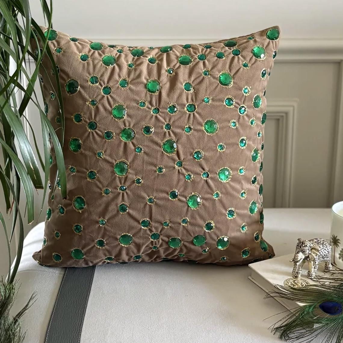 The HomeCentric Pillow Covers, Beige Accent Cover, Pack of 2, 16x16 inch (40x40 cm) Faux Leather & Suede PillowCase, Pillow Cover with Crystals, Abstract & Peacock, Circles & Dots - Green Gems