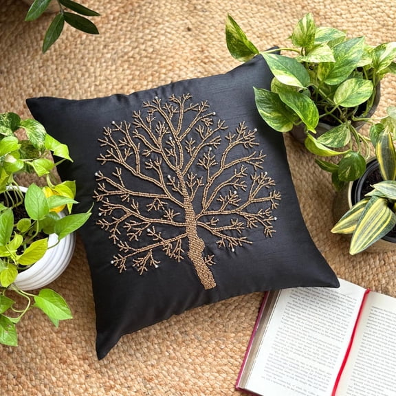 The HomeCentric Pillow Covers, Black Pillowcase With Zipper Pack of 2, 16x16 inch (40x40 cm) Silk Throw Pillow Covers, Nature & Floral, Tree, Beaded, Decorative Pillow Covers - Celebrated Tree