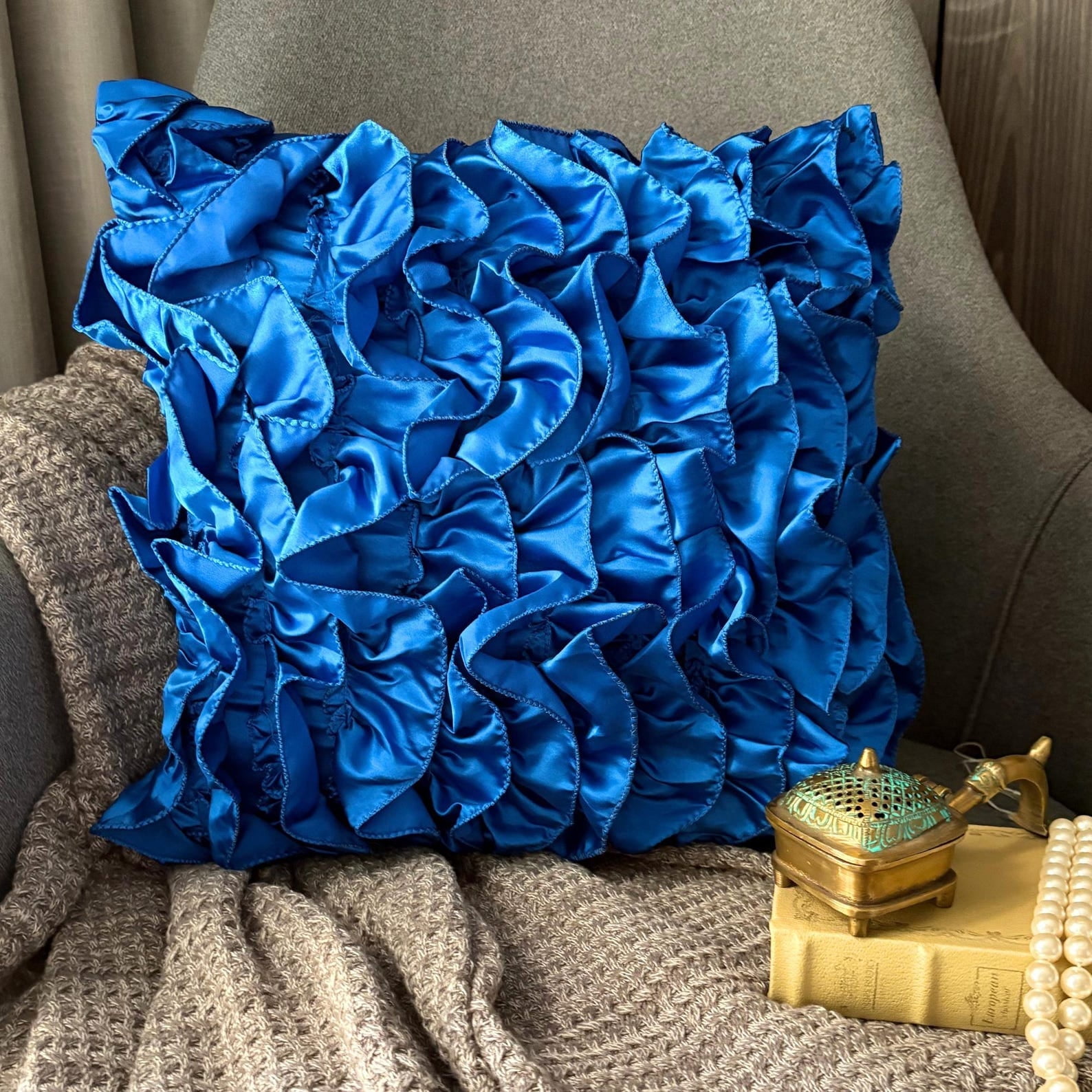 The HomeCentric Pillow Covers Blue Throw Pillows Cover Vintage Ruffles Shabby Chic Pillowcases Pack of 2 14x14 inch (35x35 cm) Pillow Covers Square Satin Pillows Covers Couch Solid-Vintage Blues