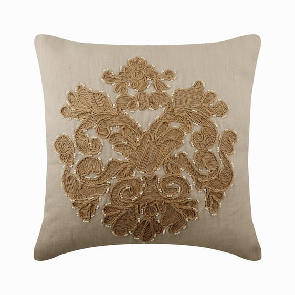 The HomeCentric Pillow Covers, Decorative Beige Pack of 2, 20x20 inch (50x50 cm) Pillow Covers, Linen Jute Embroidery & Pearl Throw Pillow Covers, Damask Pattern Modern Style Easter - Jutty Damask