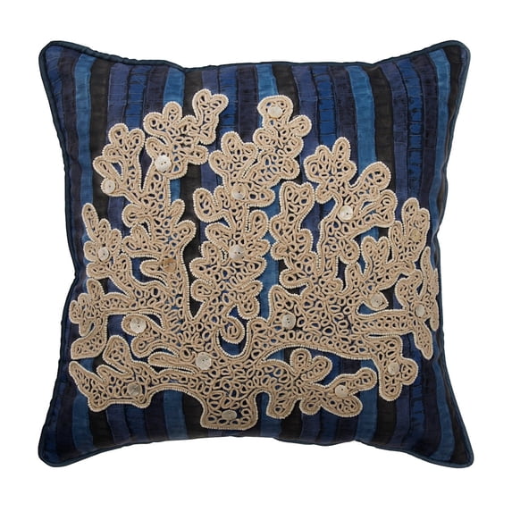 The HomeCentric Pillow Covers, Faux Leather Pillow Cover, Pack of 2, 22x22 inch (55x55 cm) Pillowcase, Square Blue Stripe with Coral Embroidery Throw Pillow Cover, , Sea Creatures - Coral In The Sea