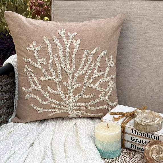 The HomeCentric Pillow Covers Mocha Pillow Covers Beaded Sea Weeds Sea Creatures Ocean & Beach Theme Pillows Cover Pack of 2 14x14 inch (35x35 cm) Cotton Linen Pillows Cover Floral - Sea Shrub