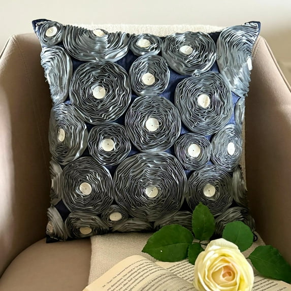The HomeCentric Pillow Covers, Navy Blue Grey Pillow Covers Pack of 2, 16x16 inch (40x40 cm) Silk Throw Pillows For Couch, Nature & Floral, Roses, Ribbon Embroidery, Pillow Easter - Whirlwind