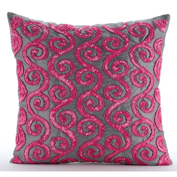 The HomeCentric Pillow Covers Pink Pillow Cover Beaded Fuchsia Pink Scroll Pillow Cover Pack of 2 18x18 inch (45x45 cm) Throw Pillow Cover Silk Pillow Cover Couch Art Deco - Pink Sugar Scroll