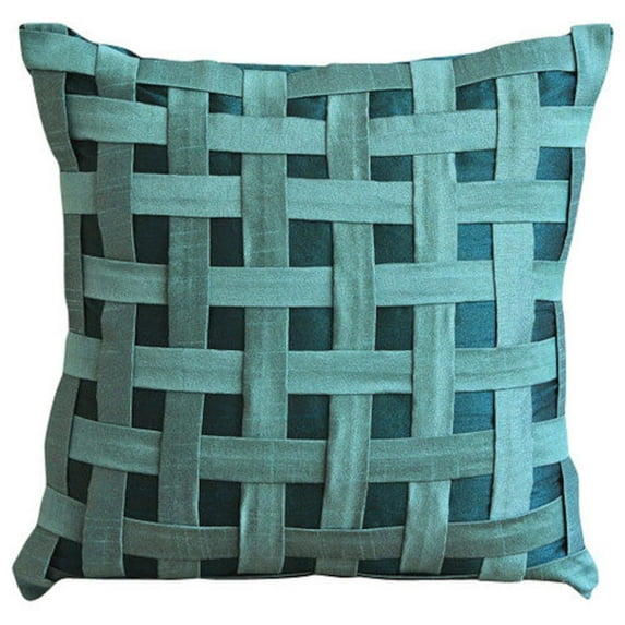 The HomeCentric Pillow Covers, Teal Blue Pillow Cover, Basket Weave Pillow Cover, Pack of 2, 18x18 inch (45x45 cm) Cushion Cover, Square Silk Pillowcase, Checkered - Peacock Green N Teal Basket Weave