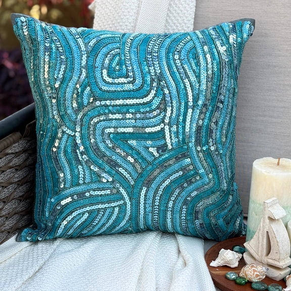 The HomeCentric Pillow Covers With Zippers Blue Pillow Covers Pack of 2 16x16 inch (40x40 cm) Silk Throw Pillows For Couch Sea Creatures Sea Waves Sequins Embellished Beach Easter - Aqua Infinity