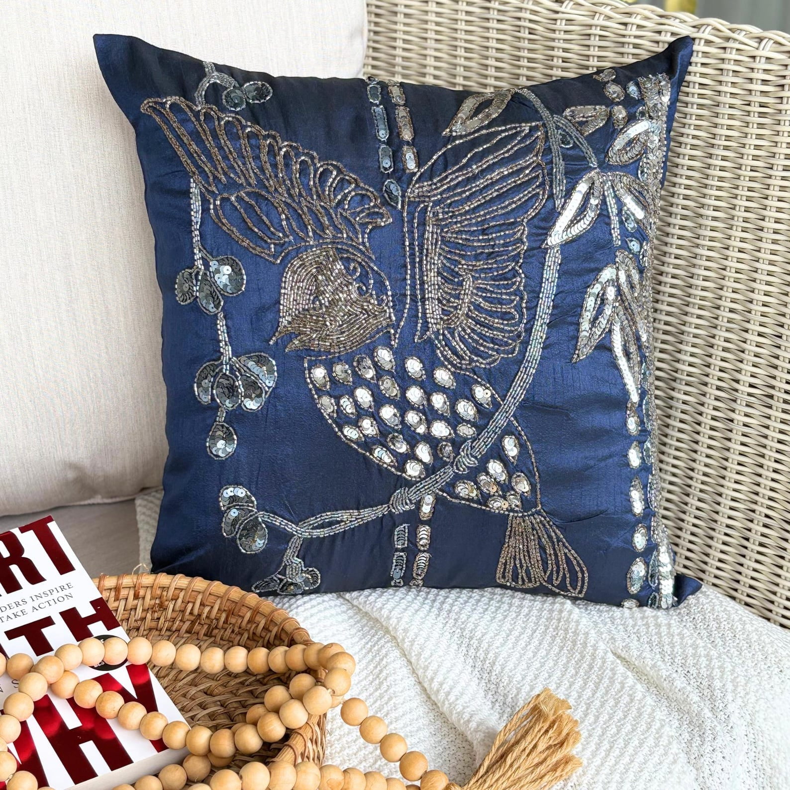 The HomeCentric Navy Blue Cushion Covers Beaded Crab Sea Creatures