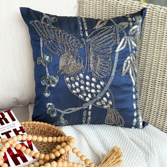 The HomeCentric Pillow Covers With Zippers Navy Blue Pillow Cases Sequins & Beaded Birds Pillows Cover Pillow Covers Pack of 2 14x14 inch (35x35 cm) Square Silk Throw Pillows Cover Floral-Birdy Flight