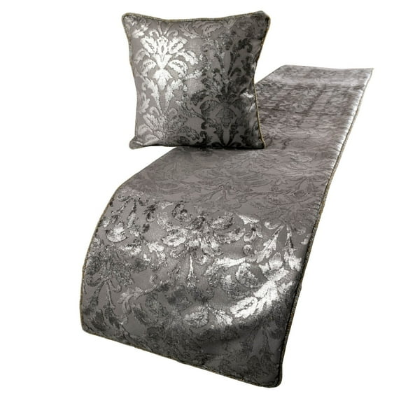 The HomeCentric Silver Bed Runner, Queen Size 74"x18" Decorative Bed Runner With 2 Matching Pillow Cover, Silver & Grey Velvet Bed Scarf in Foil Velvet Bead Border - Silver Glitterati