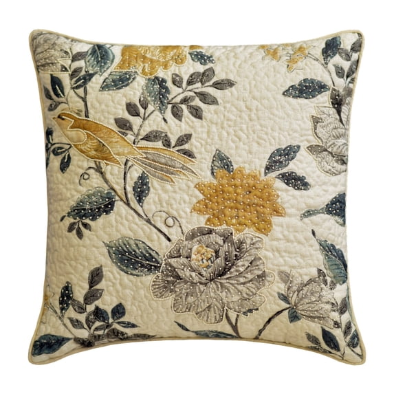 The HomeCentric Sofa Cushion Cover Beige Grey & Mustard Pack of 2 14x14 inch (35x35 cm) Pillow Covers Linen Shabby Chic Quilted & Pearl Throw Pillows For Sofa Birds Contemporary - Shabby Chic Love