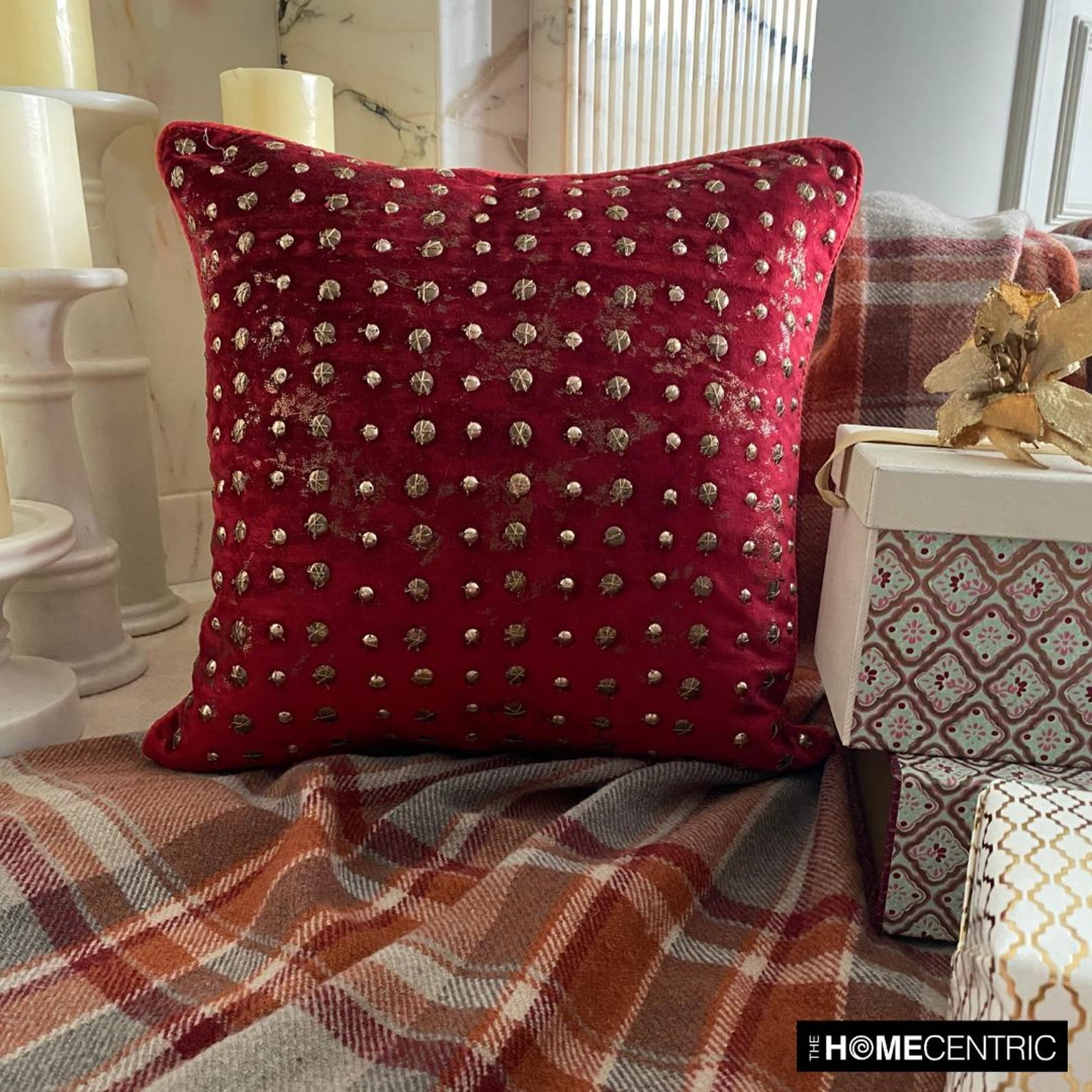 The HomeCentric Sofa Cushion Cover, Decorative Red Pack of 2, 16"x16" (40x40 cm) Pillow Covers, Velvet Beaded, Dotted & Gold Foil Throw Pillow Covers, Circles & Dots Modern Style - Wheeling Around Red