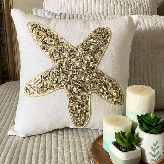 The HomeCentric Throw Pillow Cover, Decorative Ivory Pack of 2, 14x14 inch (35x35 cm) Pillow Covers, Linen Starfish Beaded Throw Pillow Covers, Sea Creatures Beach Style Style Easter - Starfish Party