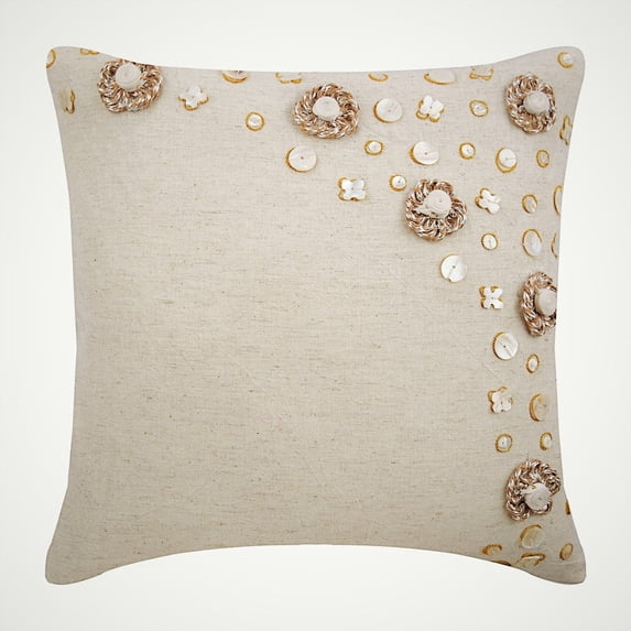 The HomeCentric Throw Pillow Cover Ecru Throw Pillows Cover Jute Flowers Pearls Floral Theme Pillows Cover Pack of 2 14x14 inch (35x35 cm) Pillows Cover Square Cotton Pillows Cover Floral-Jute Flowers