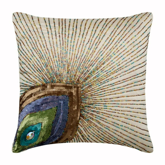 The HomeCentric Throw Pillow Cover, Ivory Decorative Pillowcase Pack of 2, 16x16 inch art deco pillow, Silk Throw Pillows For Couch, Birds, Peacock, Beaded, Zippered Pillow - Peacock Beauty