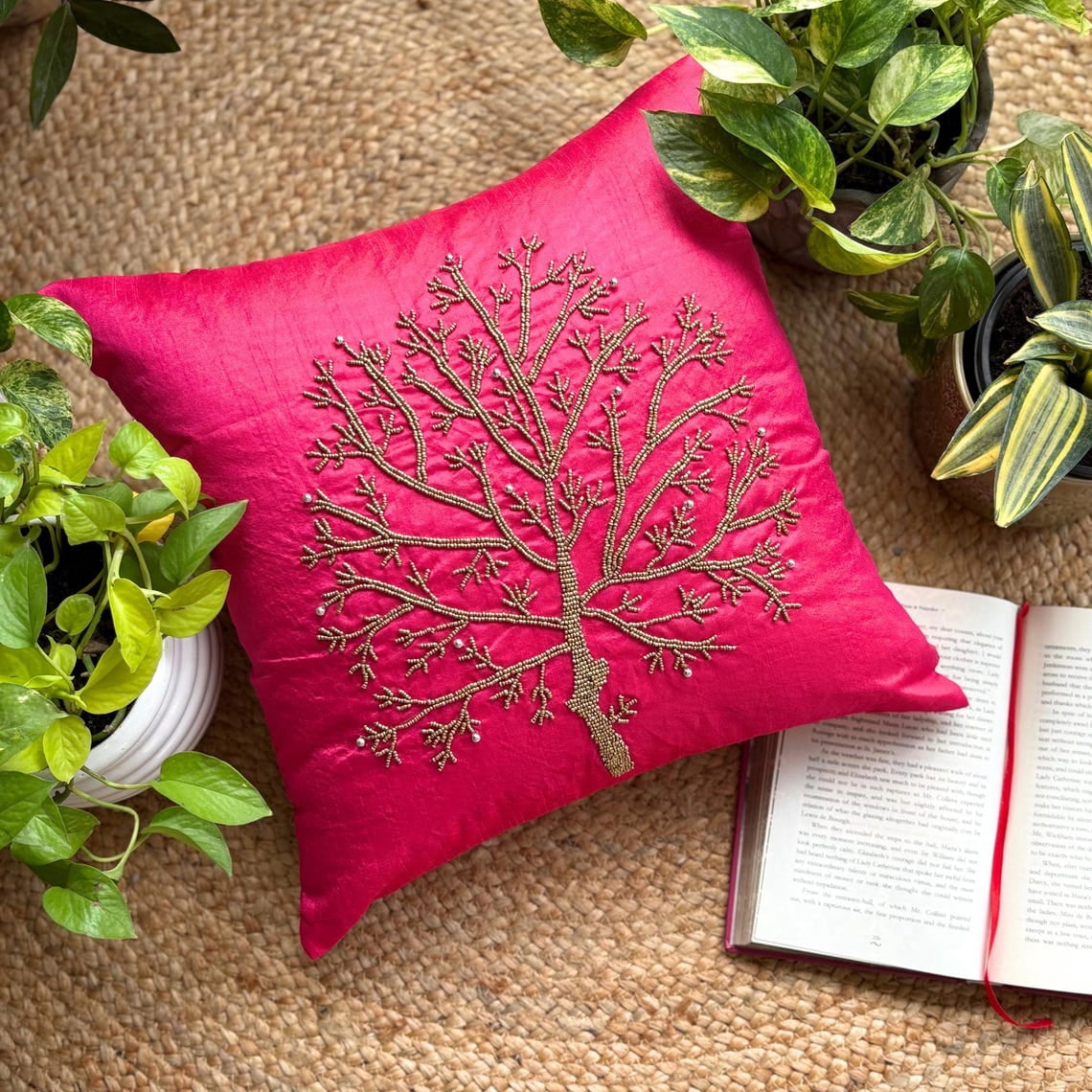 The HomeCentric Throw Pillow Cover Pink Pillow Cover Pack of 2 20x20 inch (50x50 cm) Luxury Fuchsia Pink Pillow Cover Beaded Tree Pillow Case Floral Throw Pillow Cover Square - Fuchsia Tree Of Life
