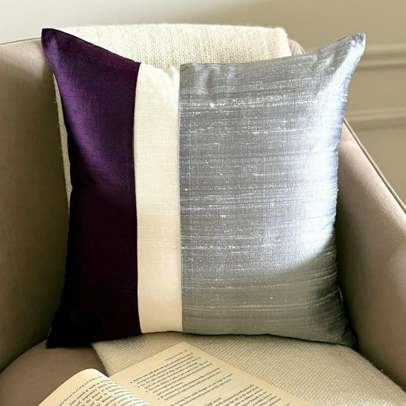 The HomeCentric Throw Pillow Cover With Zipper, Purple & Grey Pack of 2, 20x20 inch (50x50 cm) Accent Cushion Covers, Silk Color Block Patchwork Throw Pillows For Sofa, Patchwork - Splendour Purple